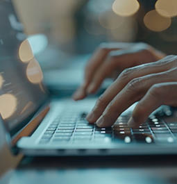 Photorealistic photography of a professional's hands typing on a laptop keyboard during a business seminar, signifying active engagement and the integration of technology in professional development --ar 16:9 --style raw --stylize 50 Job ID: bc004a4a-f31f-4e9c-9fbd-fde0bc43365c