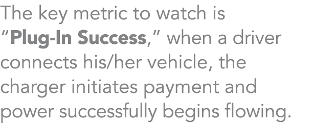 The key metric to watch is “Plug In Success,” when a driver connects his/her vehicle, the charger initiates payment a...